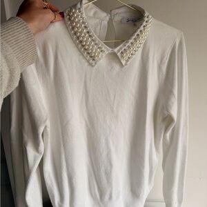 Sioni White Pearl-Collar Crewneck Sweater